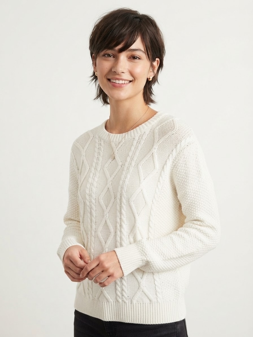 Hollister White Cable Knit Crewneck Cotton Sweater XS Cozy Preppy Core